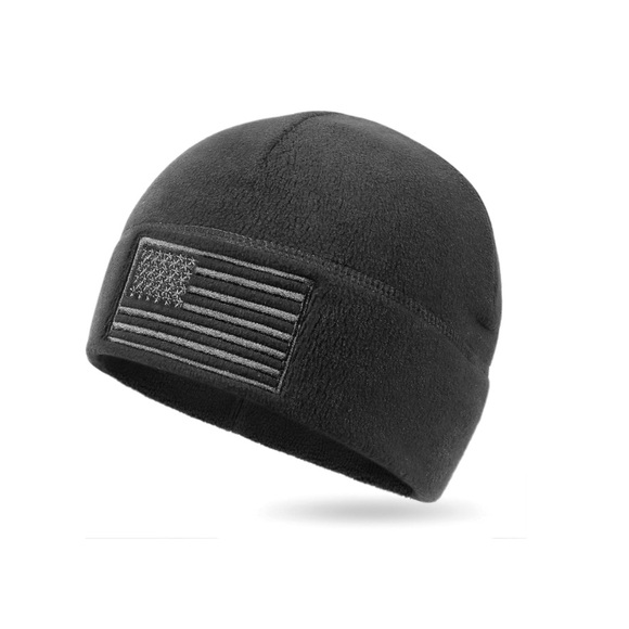🆕Black Fleece Beanie Unisex Winter Hat with Flag Patch - Picture 4 of 4